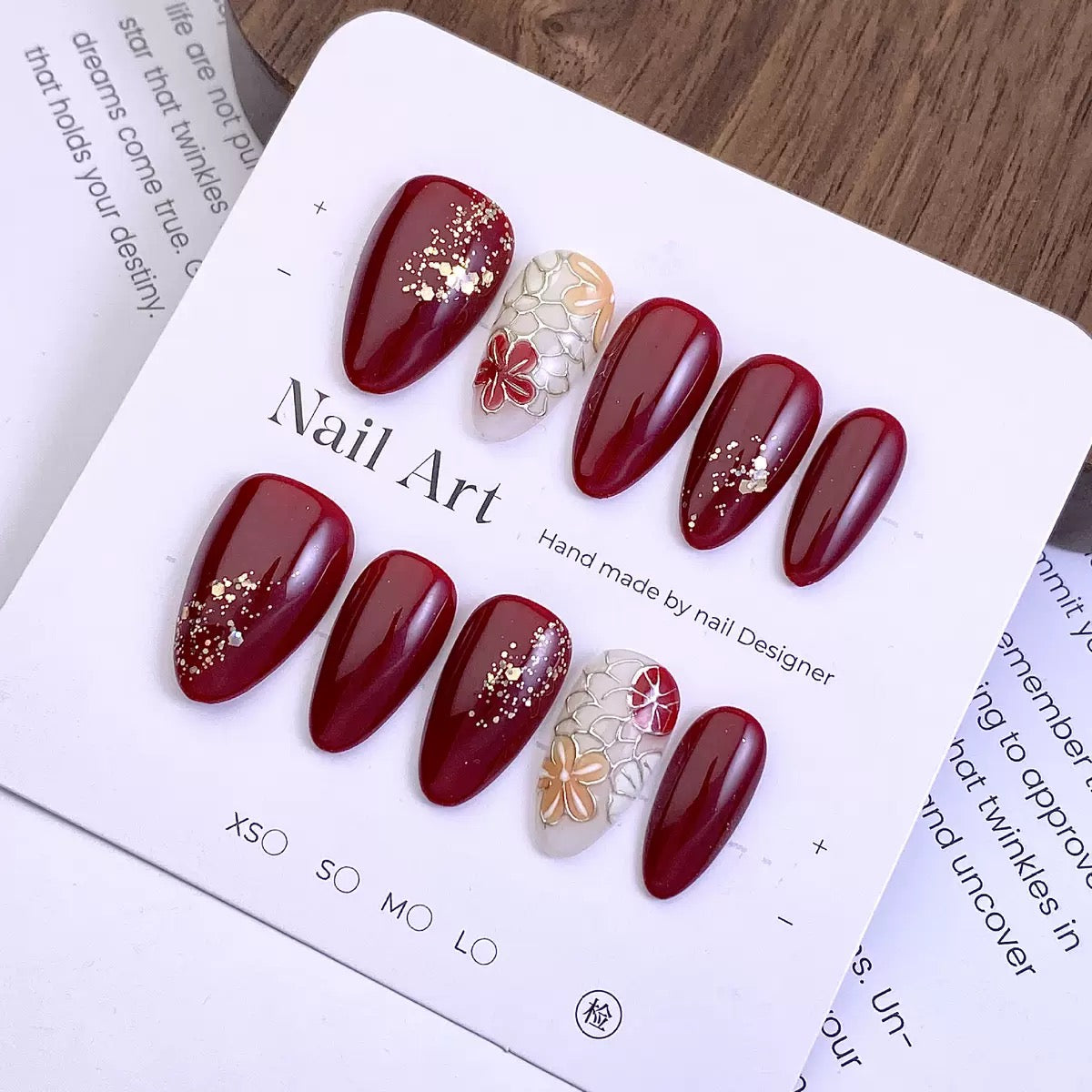 Burgundy Red Floral Press-On Nails | Gold Foil & Hand-Painted Flower Nail Art | Almond Shape Fake Nails for Wedding & Daily Wear