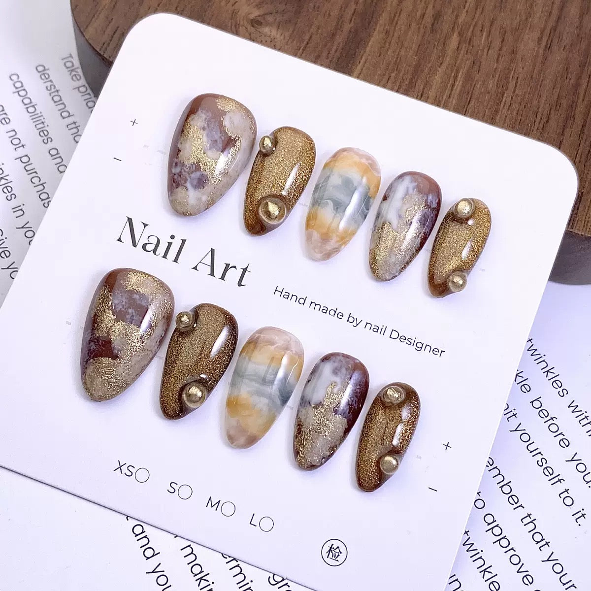 Earthy Brown Agate Marble Press-On Nails | Handmade Gel Manicure with Gold Bead Accent