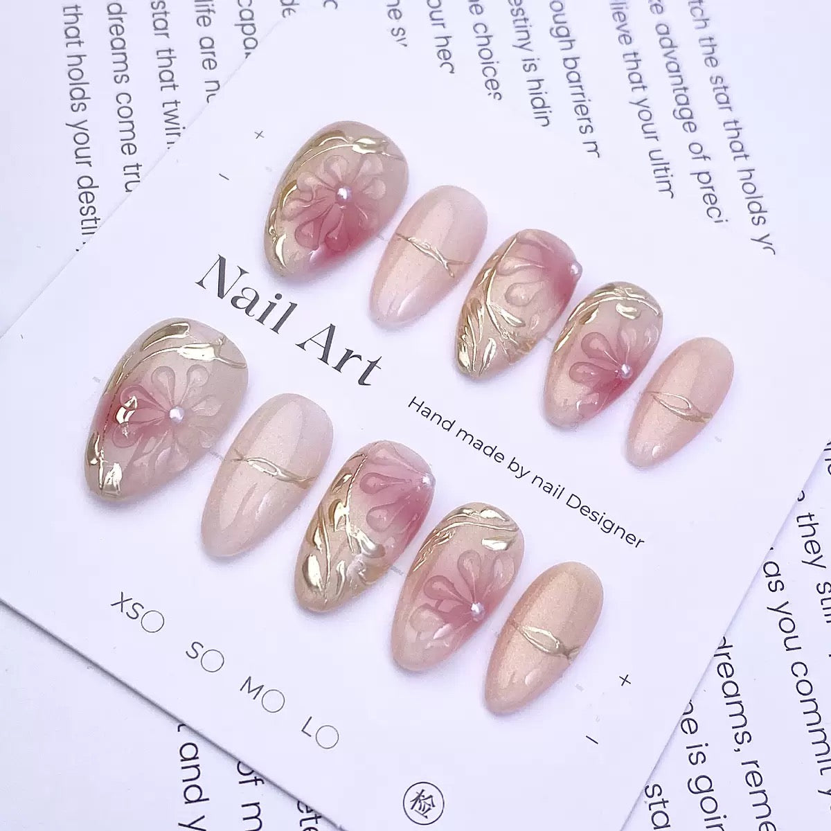 Pink Floral Almond Press On Nails | Handmade Gold Leaf & Pearl Nail Art | Reusable Fake Nails