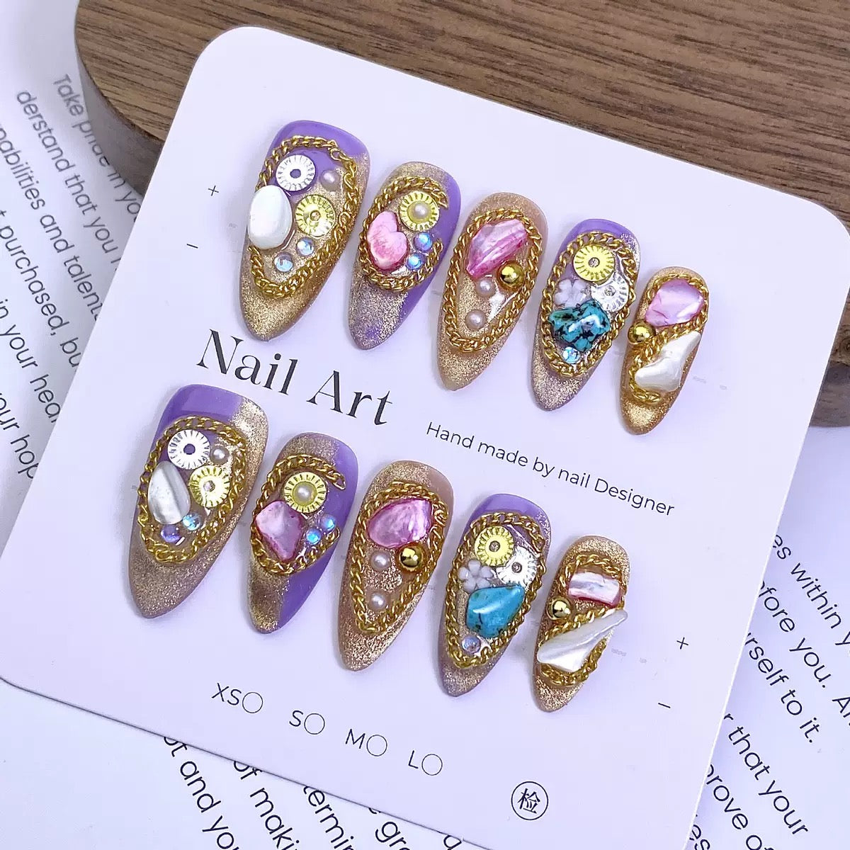 Purple & Gold Almond Press On Nails | Luxury Gem & Shell Nail Art | Handmade Reusable Fake Nails