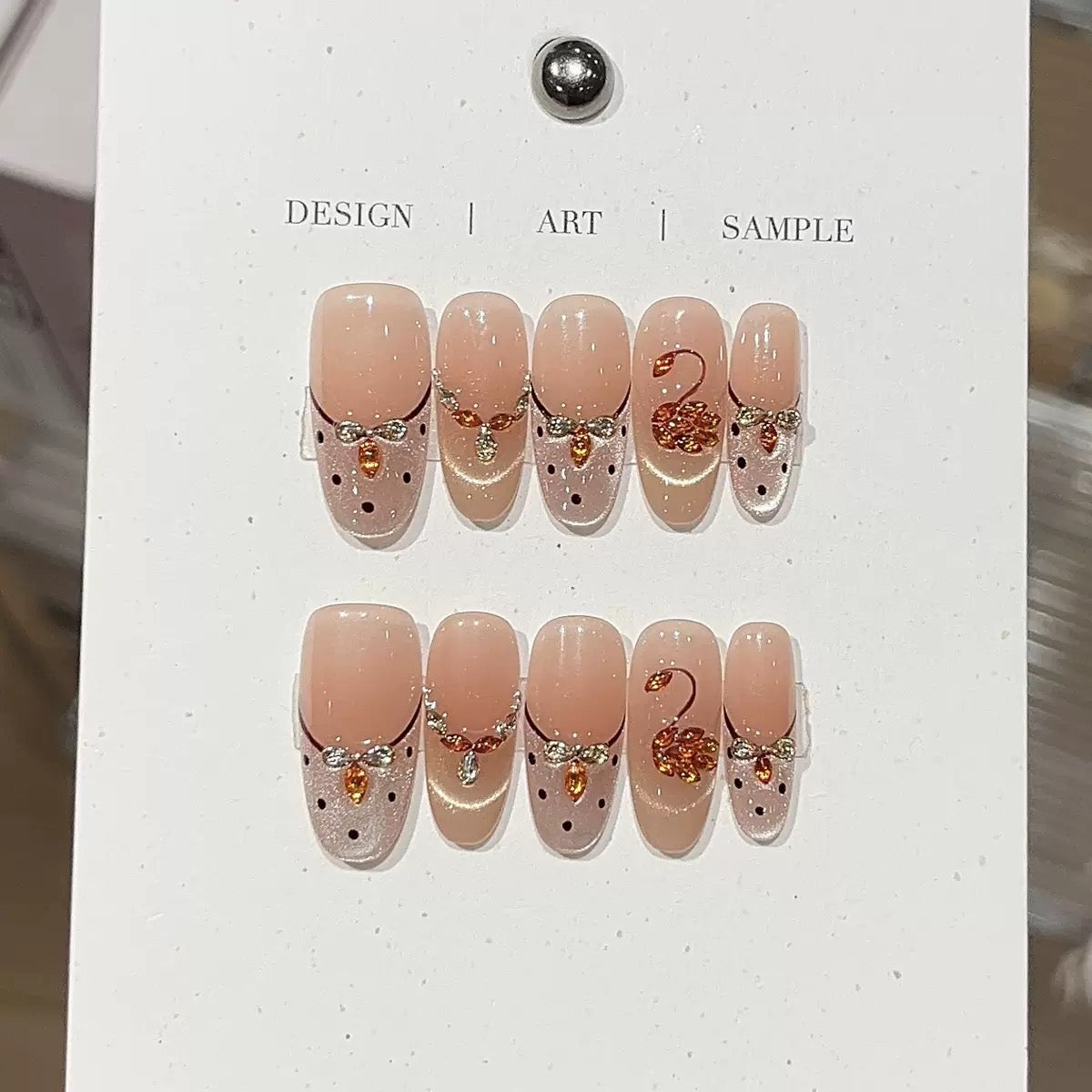 Elegant Amber Swan Press-On Nails | Nude French Tip Crystal Nail Art | Reusable Fake Nails（TE）💅
