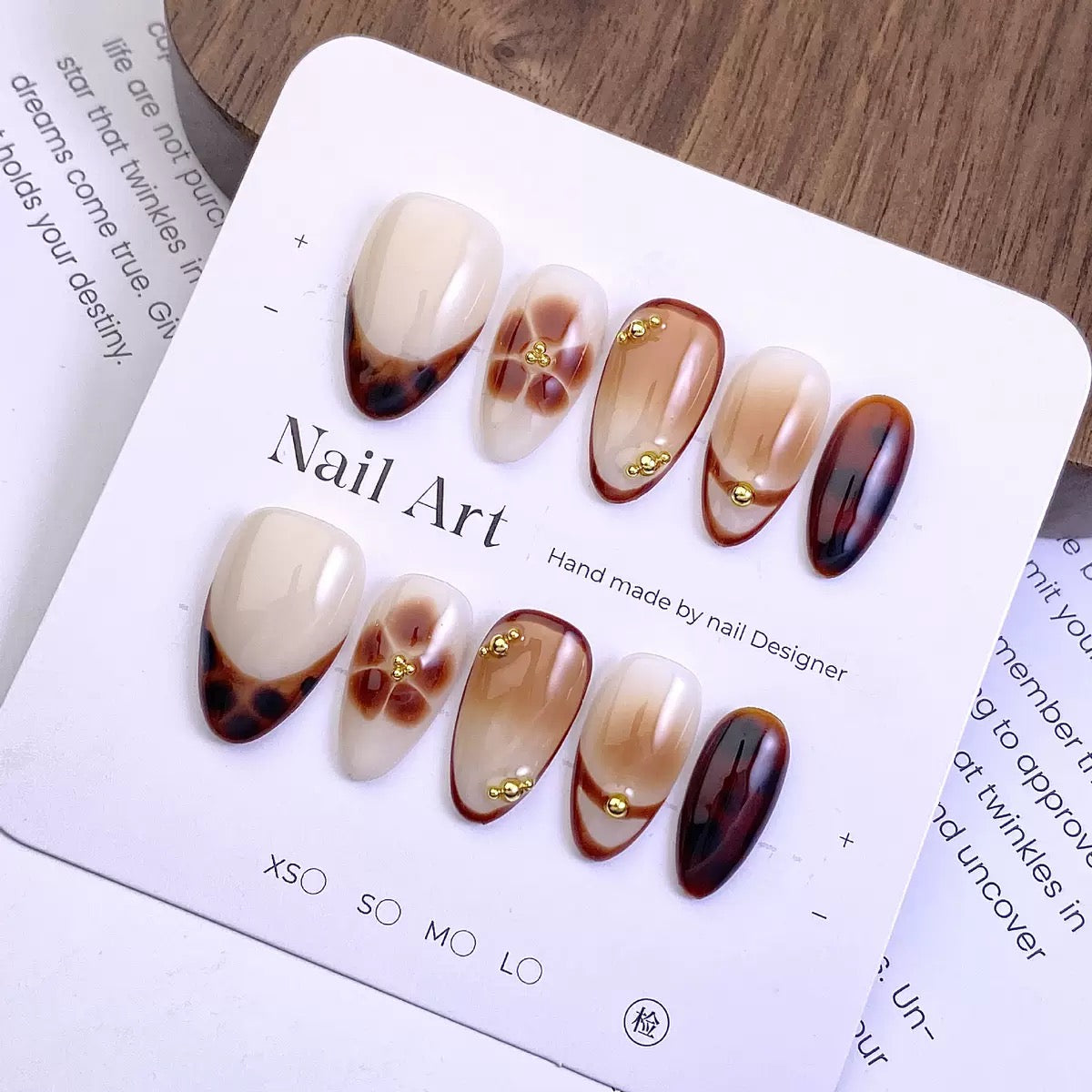 Cozy Nude & Brown Gradient Press On Nails | Almond Shape Hand-Painted Floral Nail Art for Fall & Daily Wear