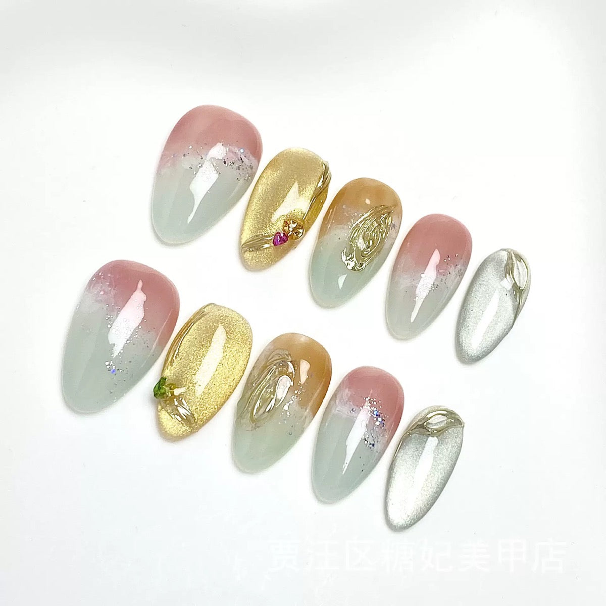 Dreamy Pink Glitter 3D Floral Press On Nails | Almond Shape Luxury Nail Art for Date Night & Daily Wear