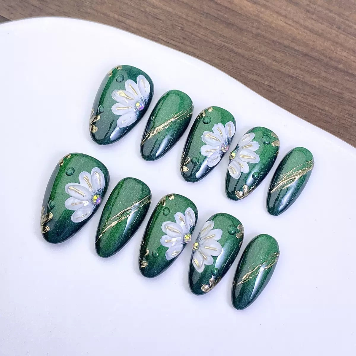 Emerald Green Almond Press On Nails | Hand-Painted White Daisy Floral Nails with Gold Foil Accents | Luxury Green Glitter Fake Nails